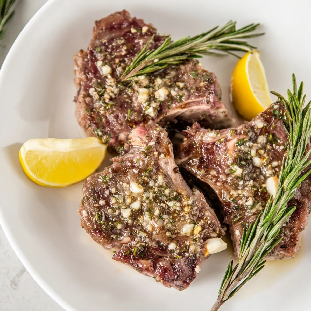 Sizzling Air Fryer Lamb Chops with Rosemary and Garlic are garnished with fresh sprigs on a serving platter.