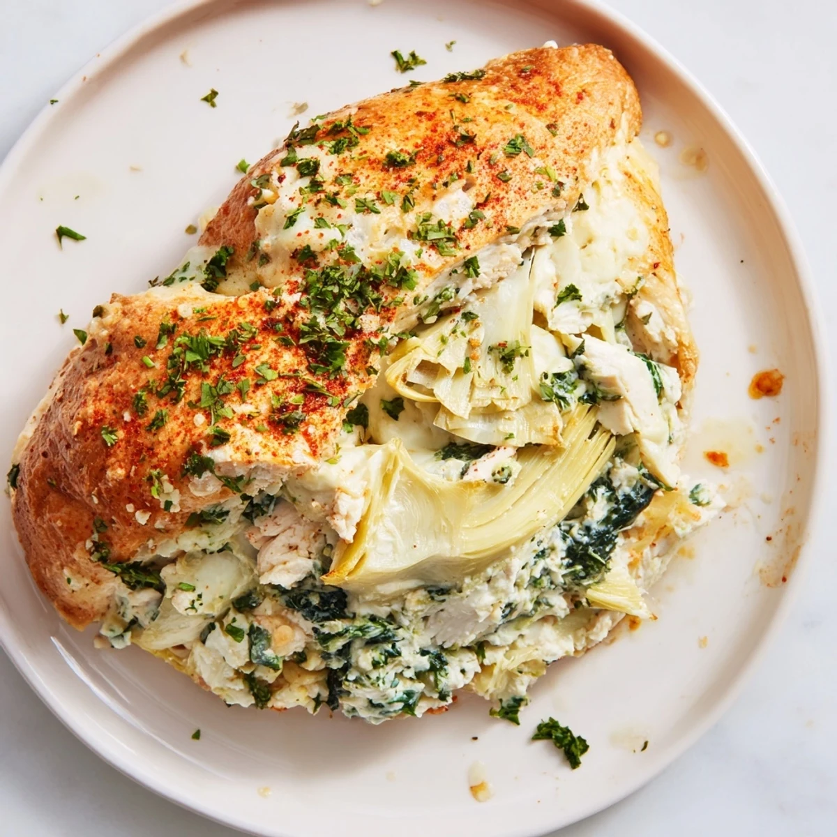 Golden-baked Creamy Spinach and Artichoke Stuffed Chicken Breast rests on a white plate, revealing juicy slices.
