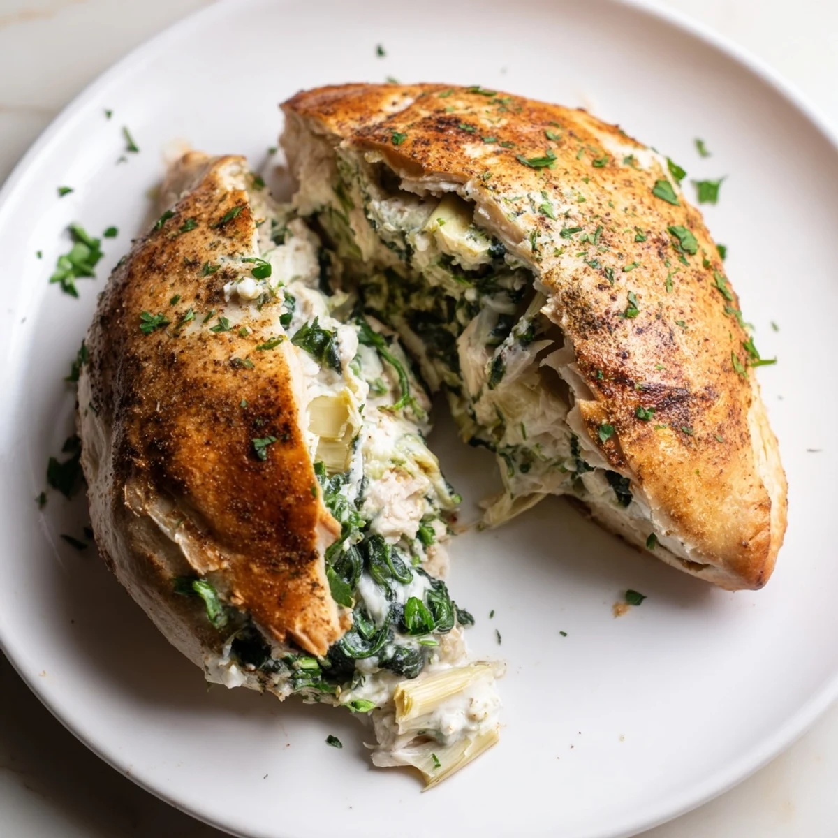 Fresh parsley garnishes this Creamy Spinach and Artichoke Stuffed Chicken Breast alongside vibrant green vegetables.
