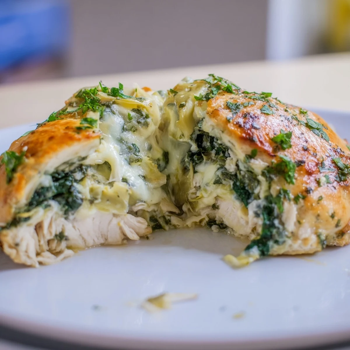 A close-up shot of Creamy Spinach and Artichoke Stuffed Chicken Breast reveals melted cheese and herbs.
