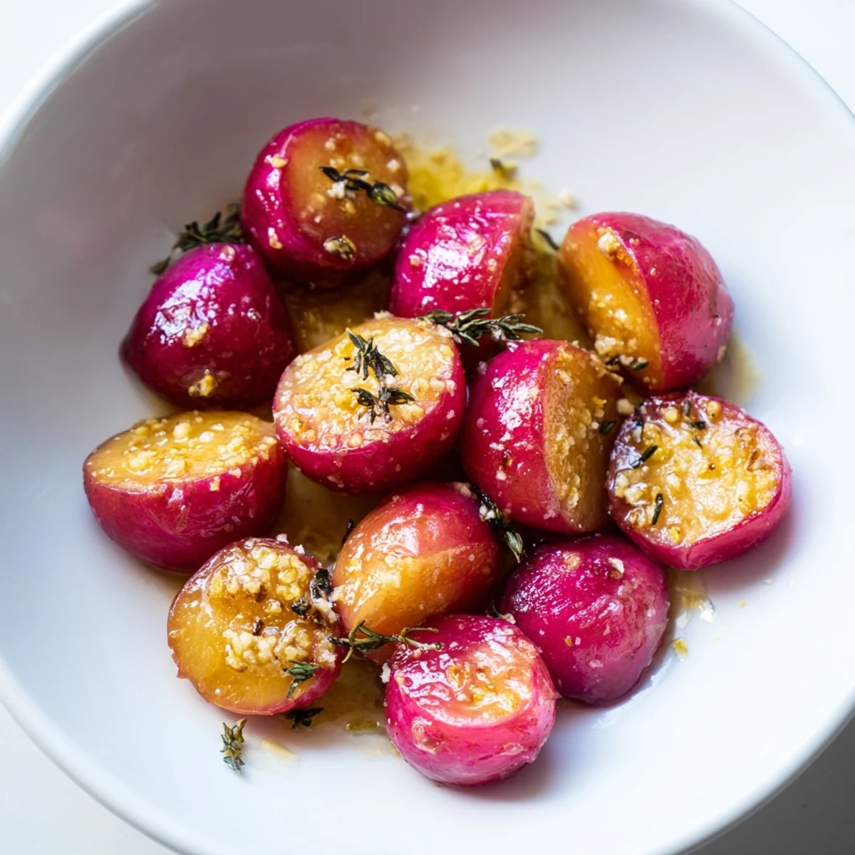 A close-up of Roasted Radishes with Garlic Butter and Thyme, their edges caramelized and glistening with fragrant butter.