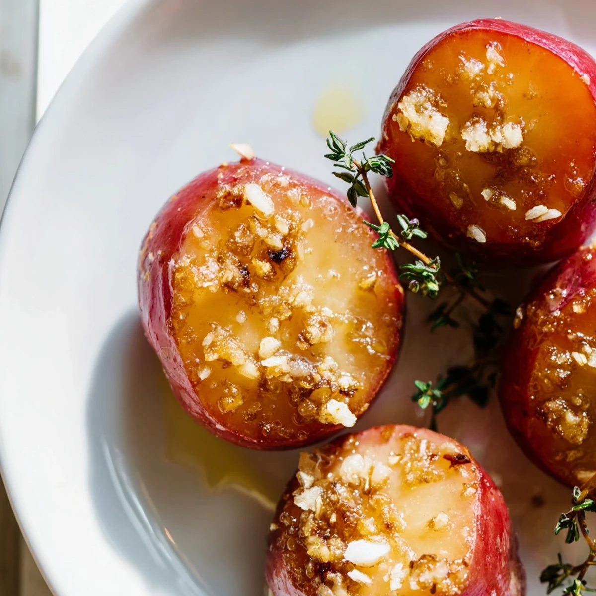 These Roasted Radishes with Garlic Butter and Thyme are arranged on a baking sheet, garnished with fresh thyme sprigs.