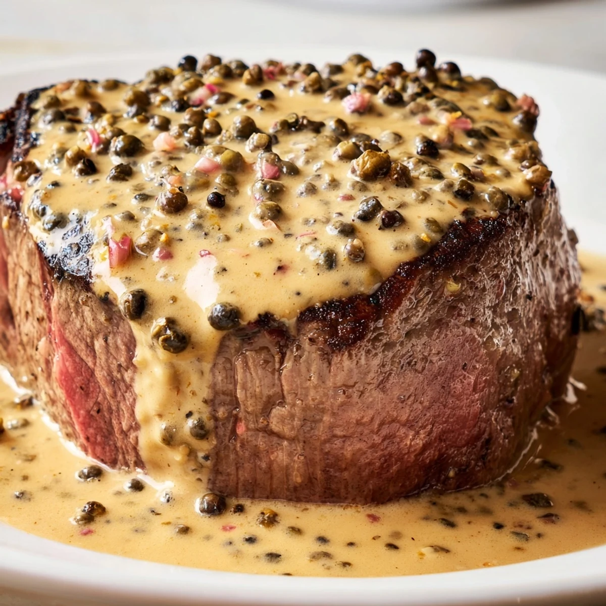 Juicy beef tenderloin steaks with peppercorn sauce on a plate beside roasted potatoes and green beans.  