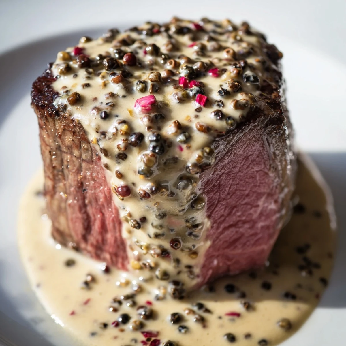 Golden-seared beef tenderloin steaks topped with creamy peppercorn sauce, garnished with fresh rosemary and thyme sprigs.  