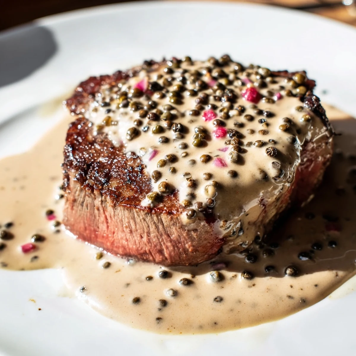 Tender beef tenderloin steaks smothered in rich peppercorn sauce, served with a glass of red wine on the side.