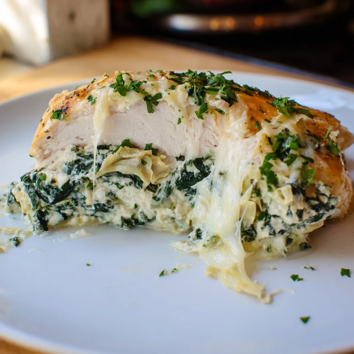 Succulent Creamy Spinach and Artichoke Stuffed Chicken Breast features golden, baked chicken with a rich, cheesy filling.
