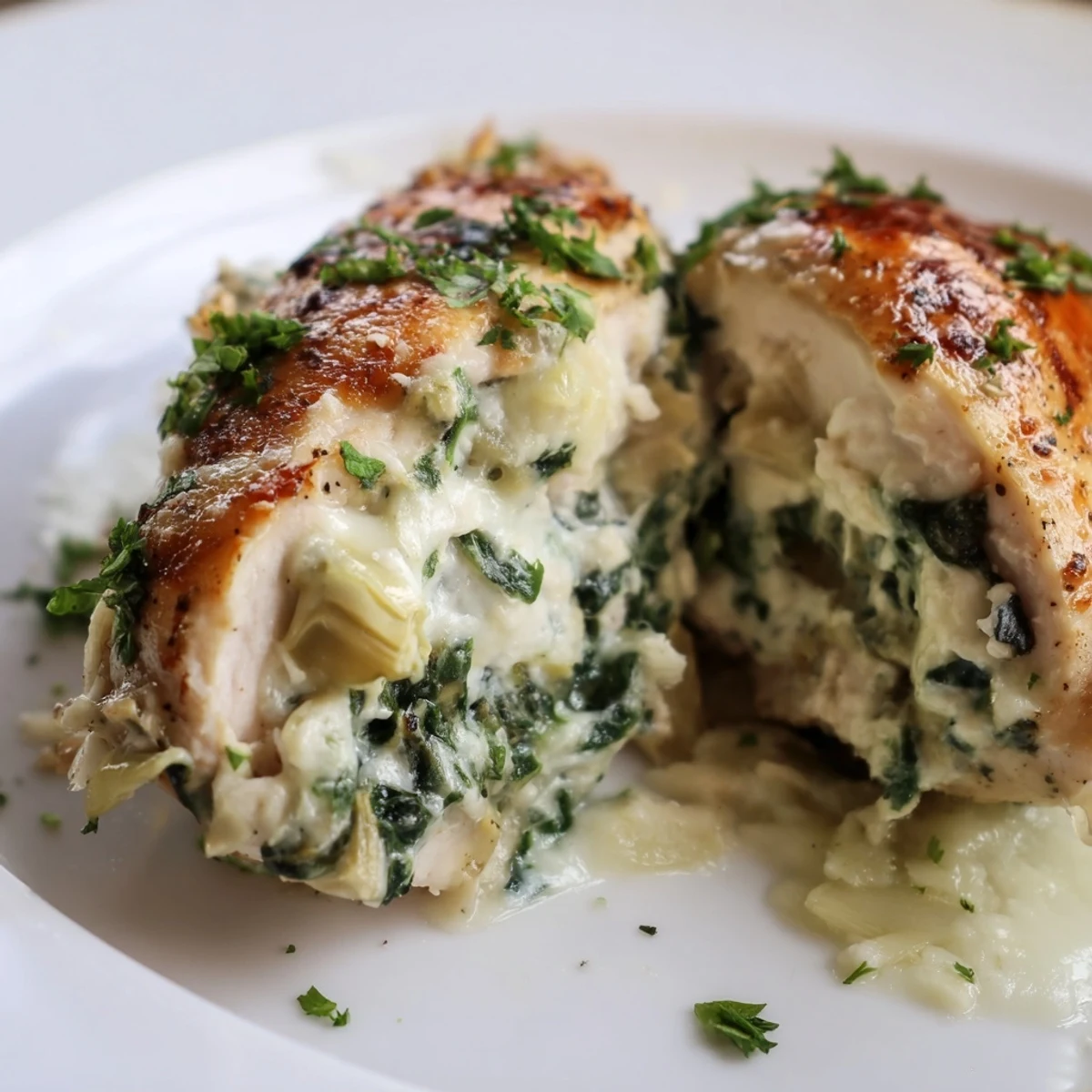 Tender chicken breasts stuffed with Creamy Spinach and Artichoke Stuffed Chicken Breast, garnished with fresh parsley.