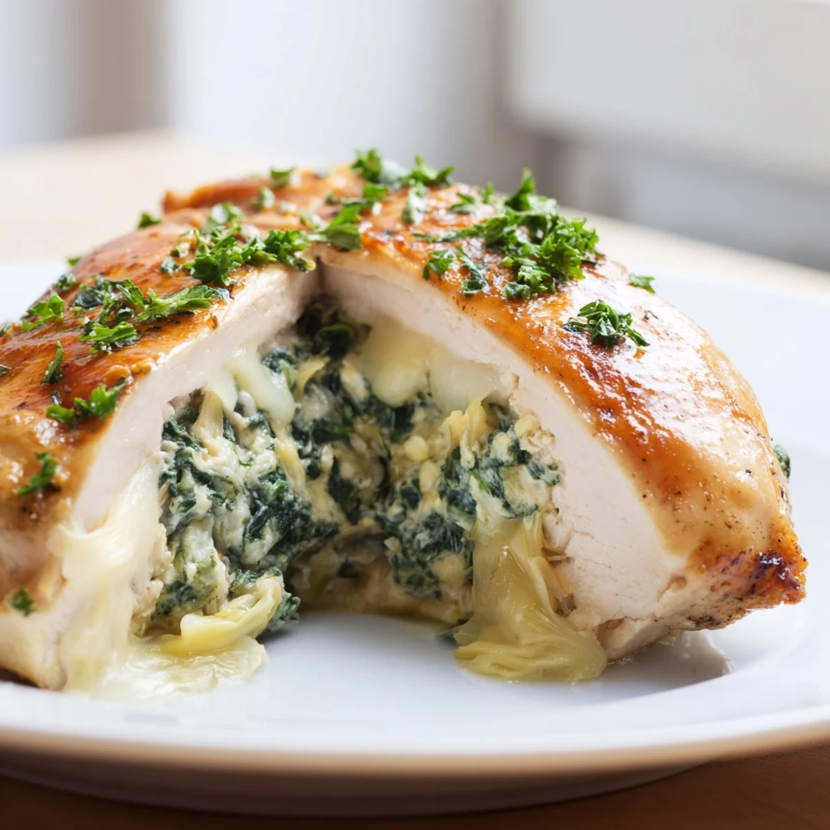 Slice into a Creamy Spinach and Artichoke Stuffed Chicken Breast to reveal the vibrant green, creamy filling.