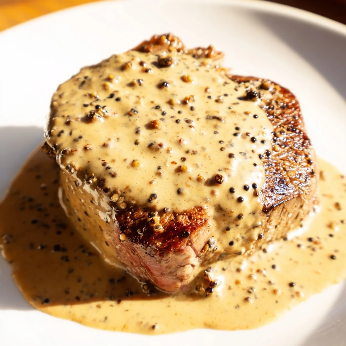 Thick, juicy beef tenderloin steaks glistening under a creamy peppercorn sauce.