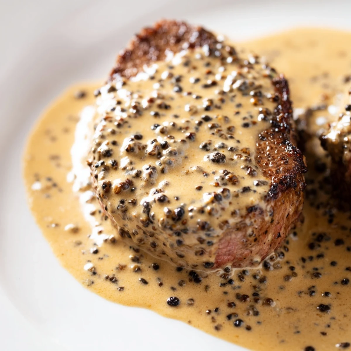 A close-up of the Beef Tenderloin Steaks with Peppercorn Sauce for dinner.