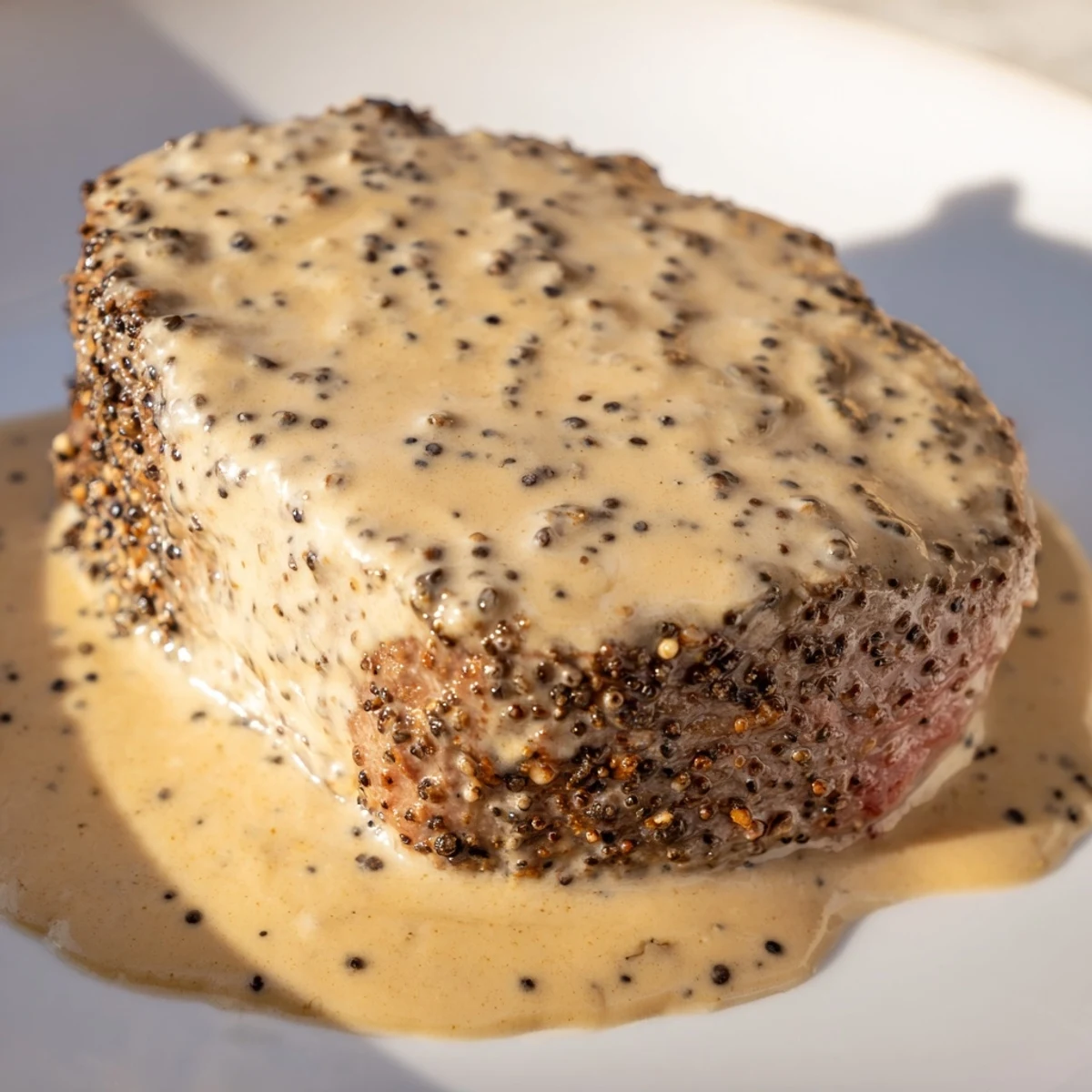 Succulent beef tenderloin steaks topped with peppercorn sauce, served with roasted potatoes.
