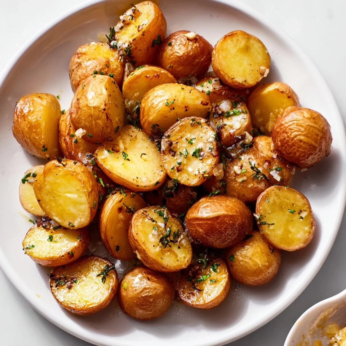 Tender roasted radishes with garlic butter and thyme glisten on a platter, their edges lightly caramelized and fragrant.