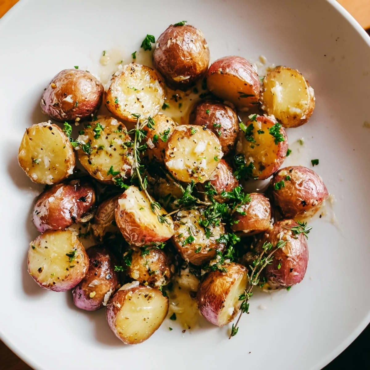 Colorful roasted radishes with garlic butter and thyme garnished with parsley, perfect beside grilled chicken or fish.