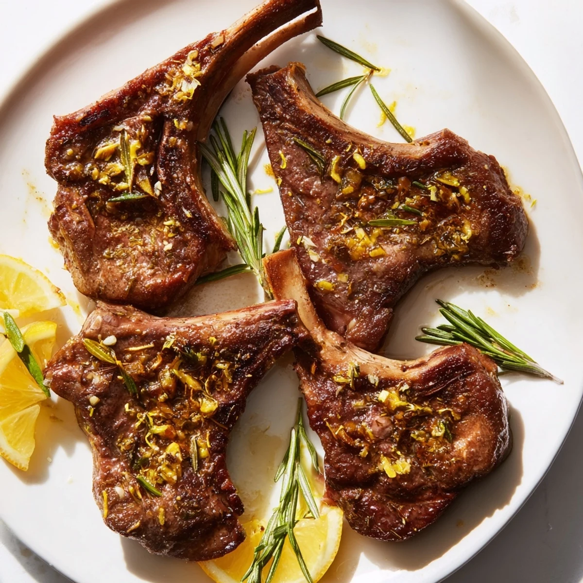 Close-up of sizzling Air Fryer Lamb Chops with Rosemary and Garlic, showing a juicy interior and aromatic herbs on top.