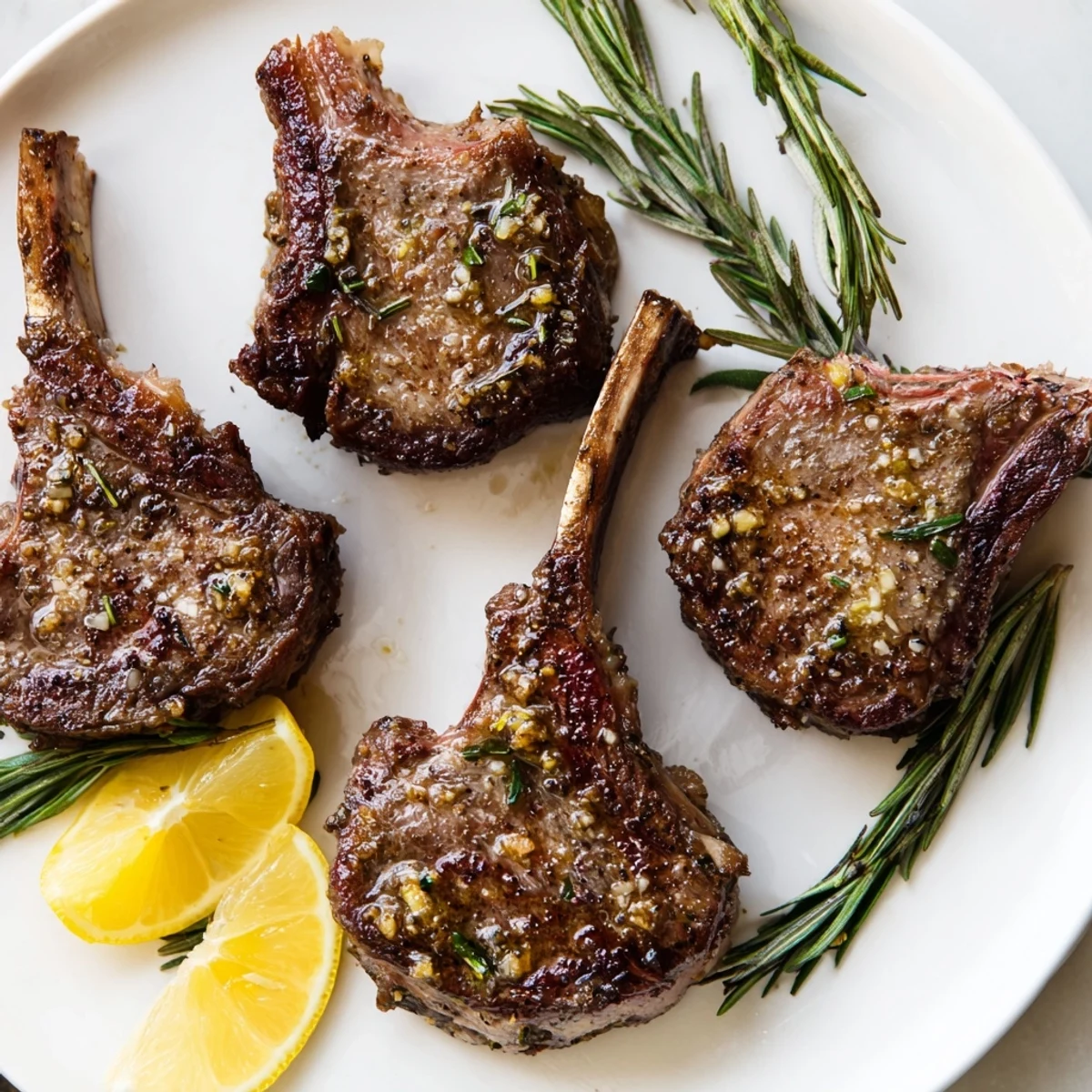 Golden-brown Air Fryer Lamb Chops with Rosemary and Garlic rest on a white plate beside fresh rosemary sprigs and lemon wedges.