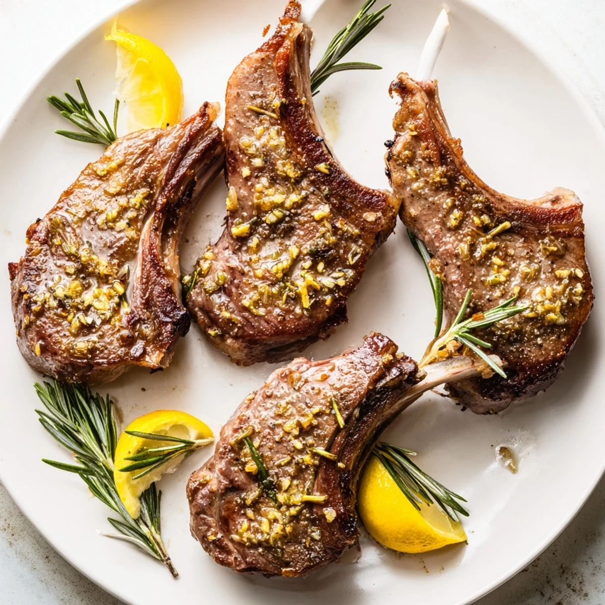 Perfectly cooked Air Fryer Lamb Chops with Rosemary and Garlic served with roasted vegetables and a side of lemon slices.