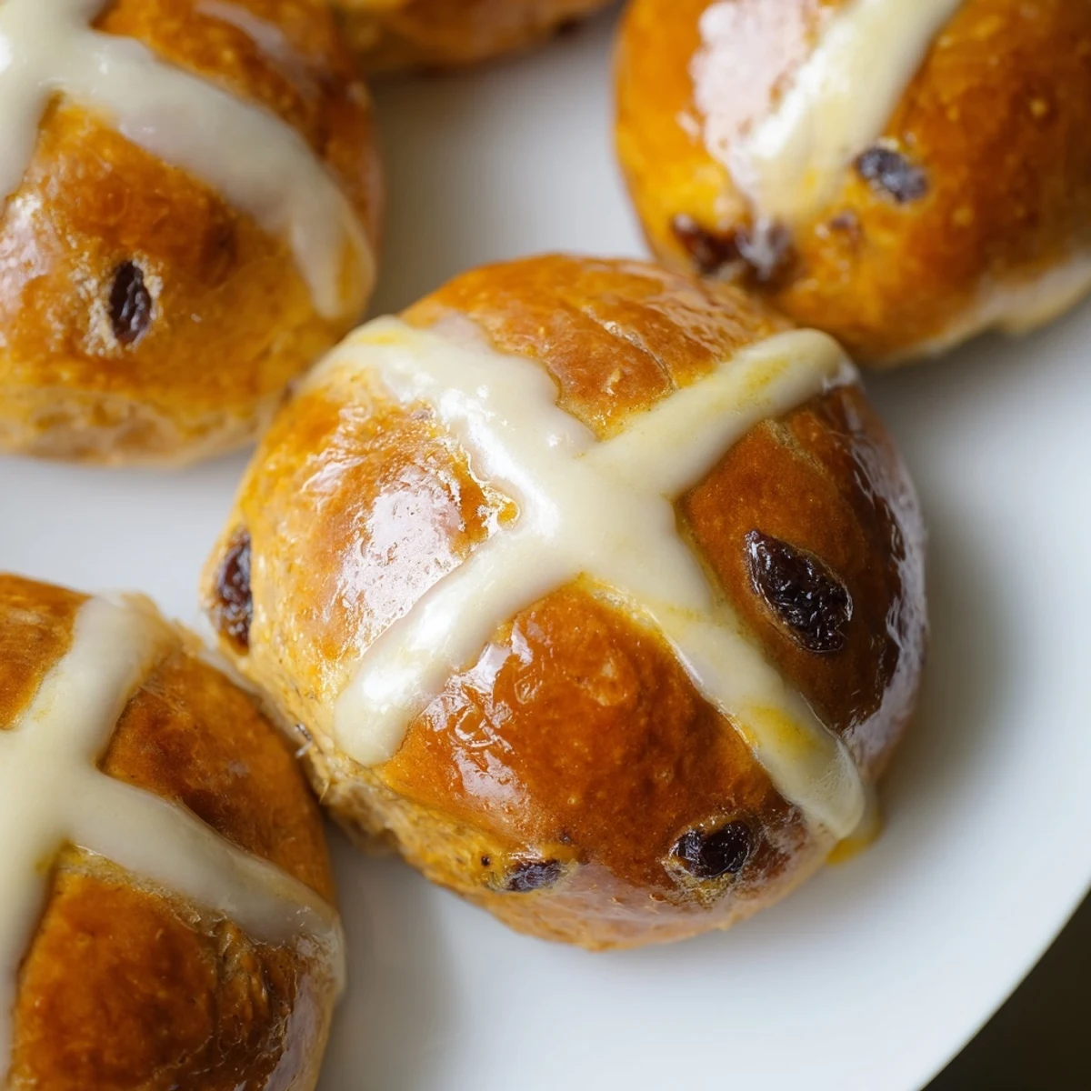 Freshly baked Hot Cross Buns with Currants and Spices cooling on a wire rack with a glossy apricot glaze.