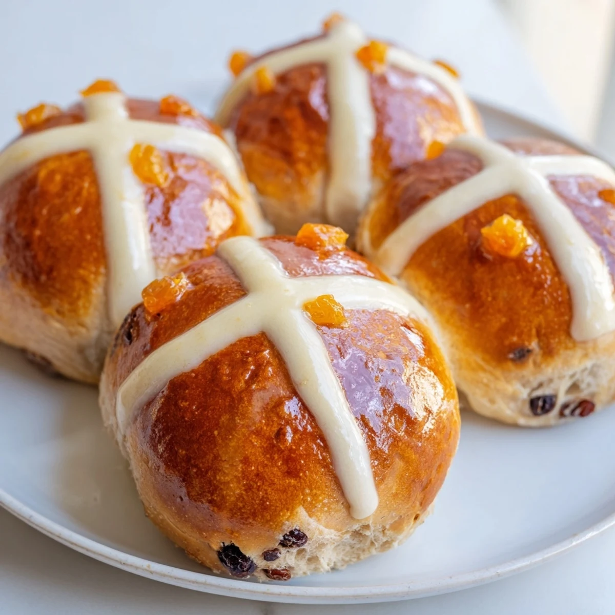 Homemade Hot Cross Buns with Currants and Spices ready for Easter breakfast, served with butter and tea.