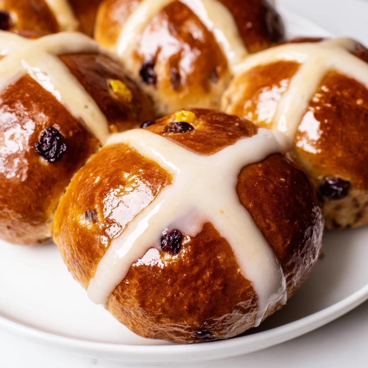 Warm spiced buns topped with a classic white cross and glossy glaze arranged on a rustic wooden board.