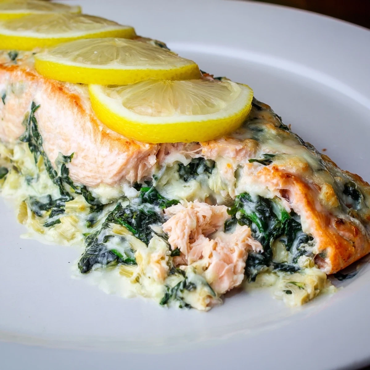 Golden-baked Creamy Spinach and Artichoke Stuffed Salmon fillets garnished with lemon slices on a white plate.
