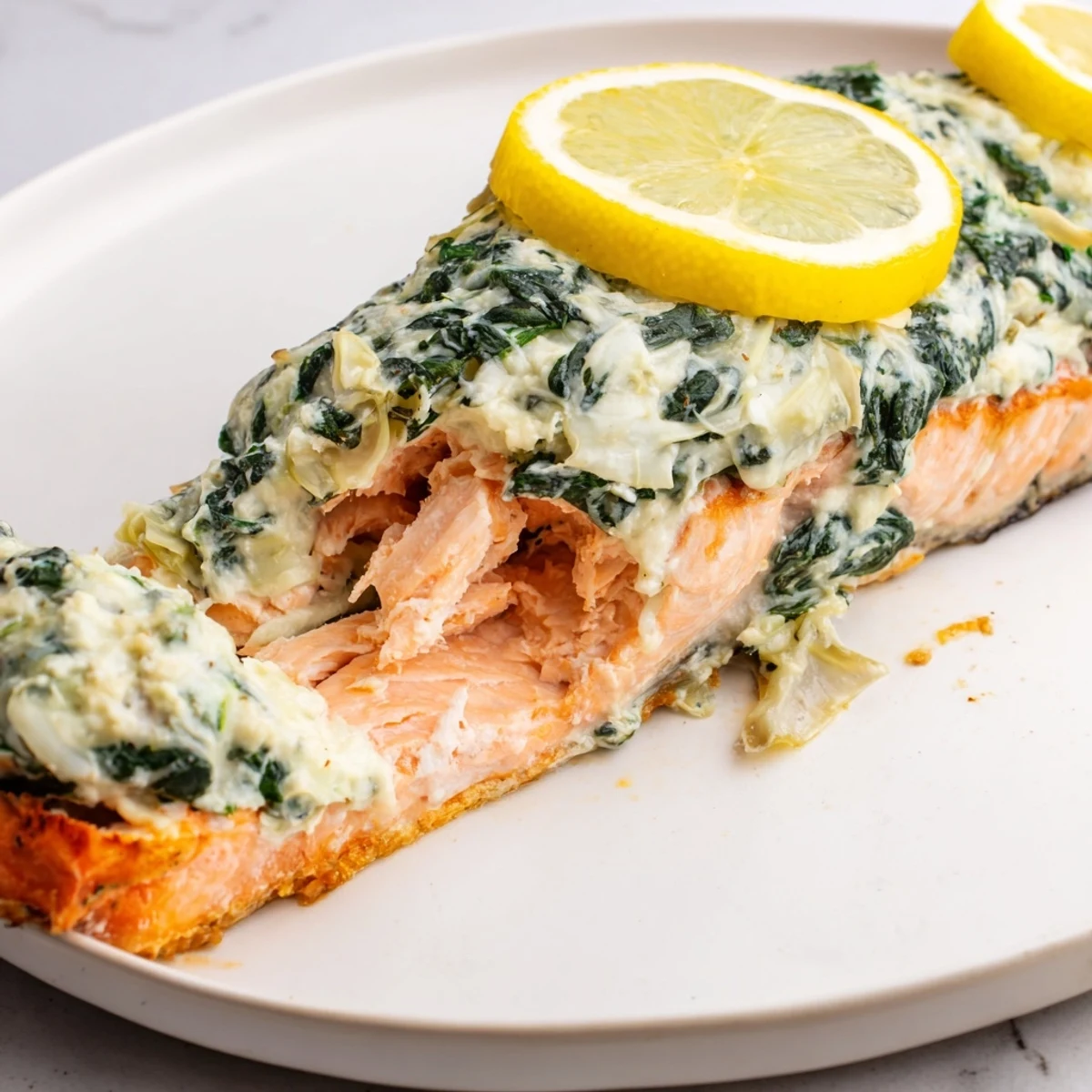 Fresh Creamy Spinach and Artichoke Stuffed Salmon served alongside roasted vegetables on a rustic wooden table.