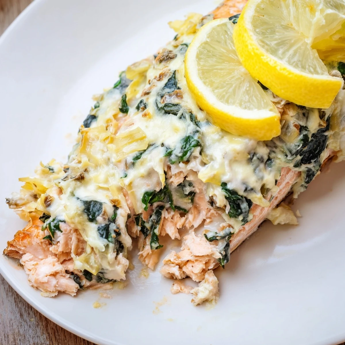 Overhead view of Creamy Spinach and Artichoke Stuffed Salmon with a fluffy rice pilaf and green salad.