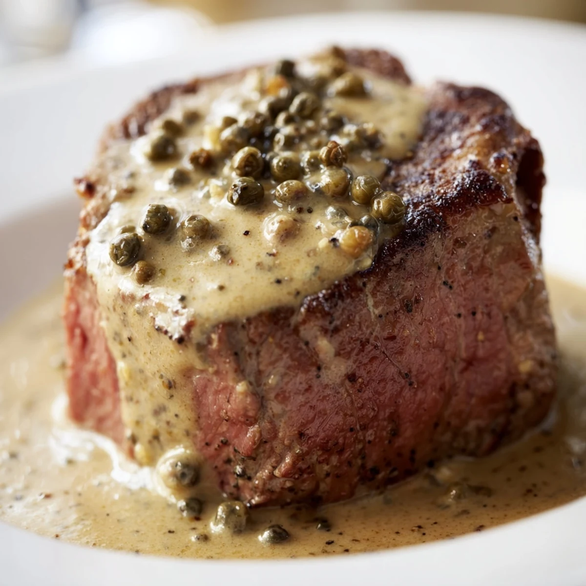 Perfectly seared beef tenderloin steaks sit in a skillet, generously coated in a creamy peppercorn sauce.