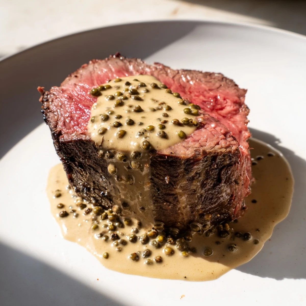 Close-up of tenderloin steak topped with peppercorn cream sauce, ready to serve with roasted potatoes.