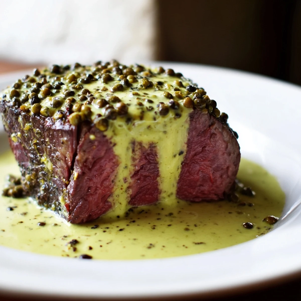 A close-up view shows tenderloin slices with rich peppercorn cream sauce, ideal for a dinner party.