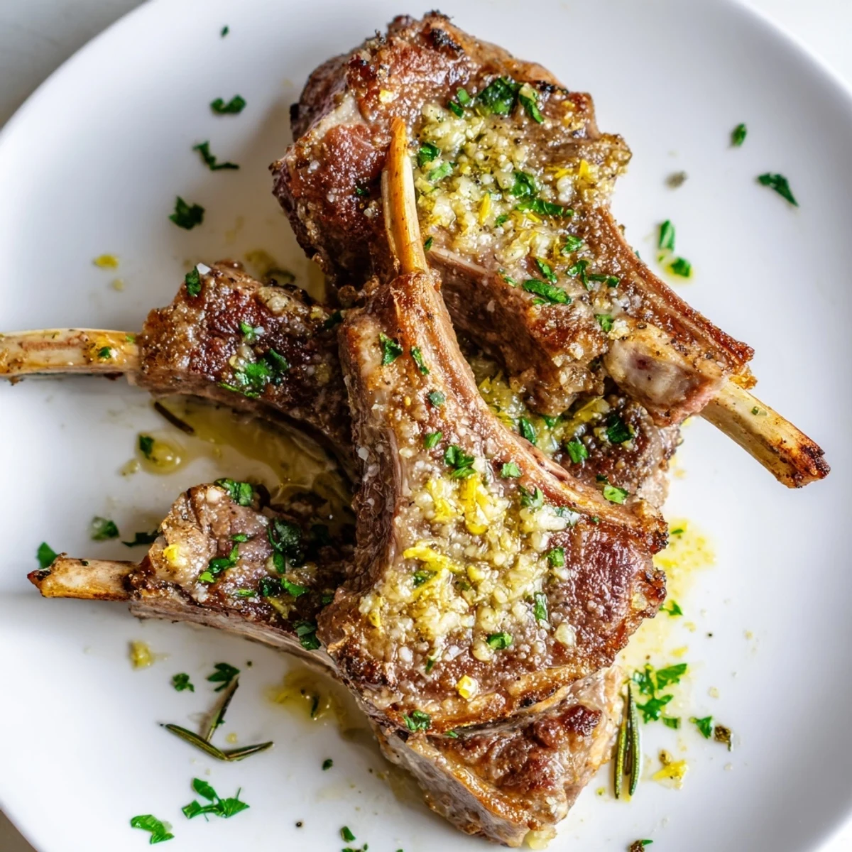 Golden brown air fryer lamb chops with lemon butter sauce, garnished with fresh parsley on a white plate. Perfect main dish for busy weeknights. The juicy, tender lamb chops are drizzled with a bright lemon butter sauce and sprinkled with fresh parsley for a simple, elegant meal.