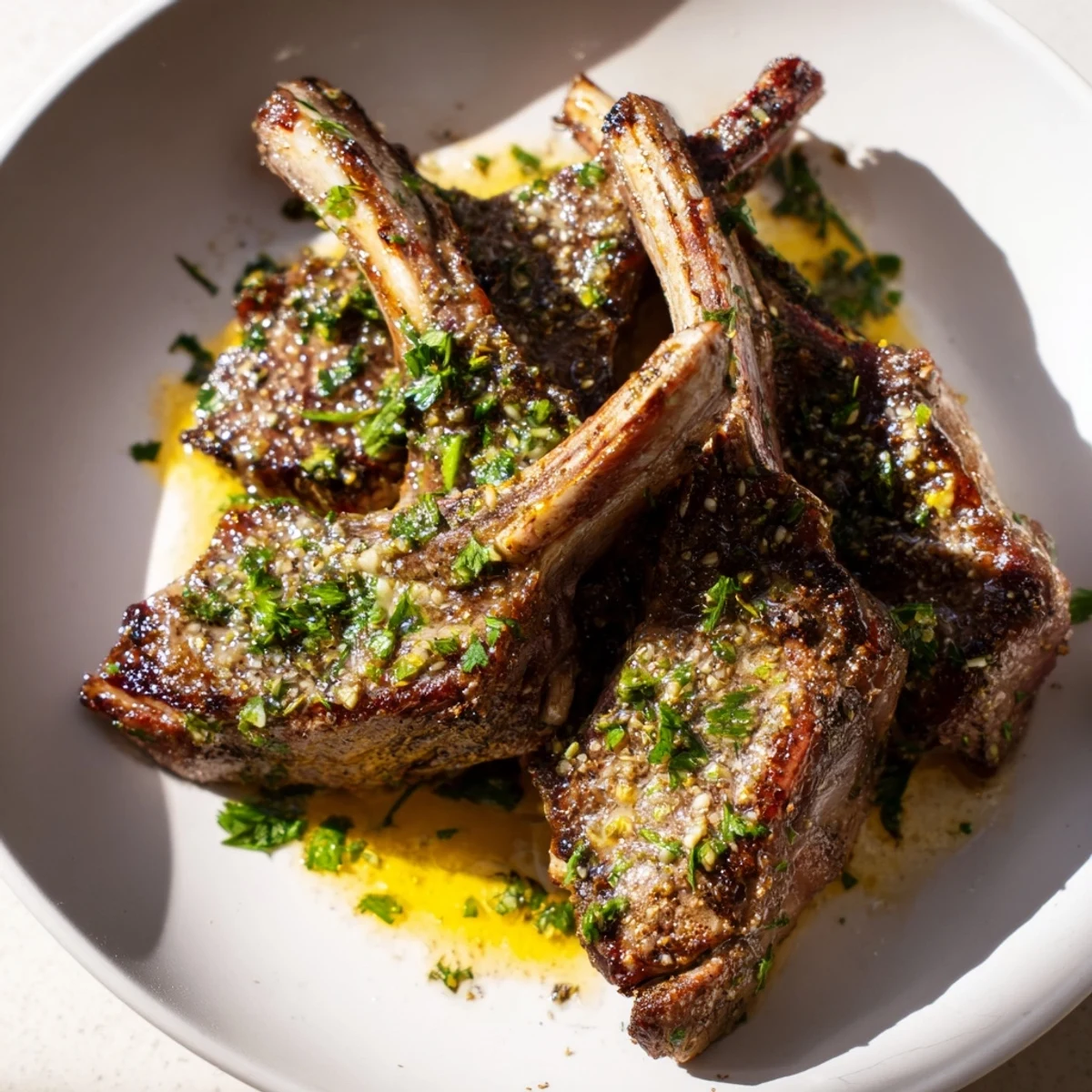 Close-up of juicy air fryer lamb chops with lemon butter sauce and fresh parsley garnish. A quick 22-minute main dish recipe that's easy to make for family dinner. The golden, crispy chops are served on a wooden board, with a small bowl of lemon butter sauce for dipping.