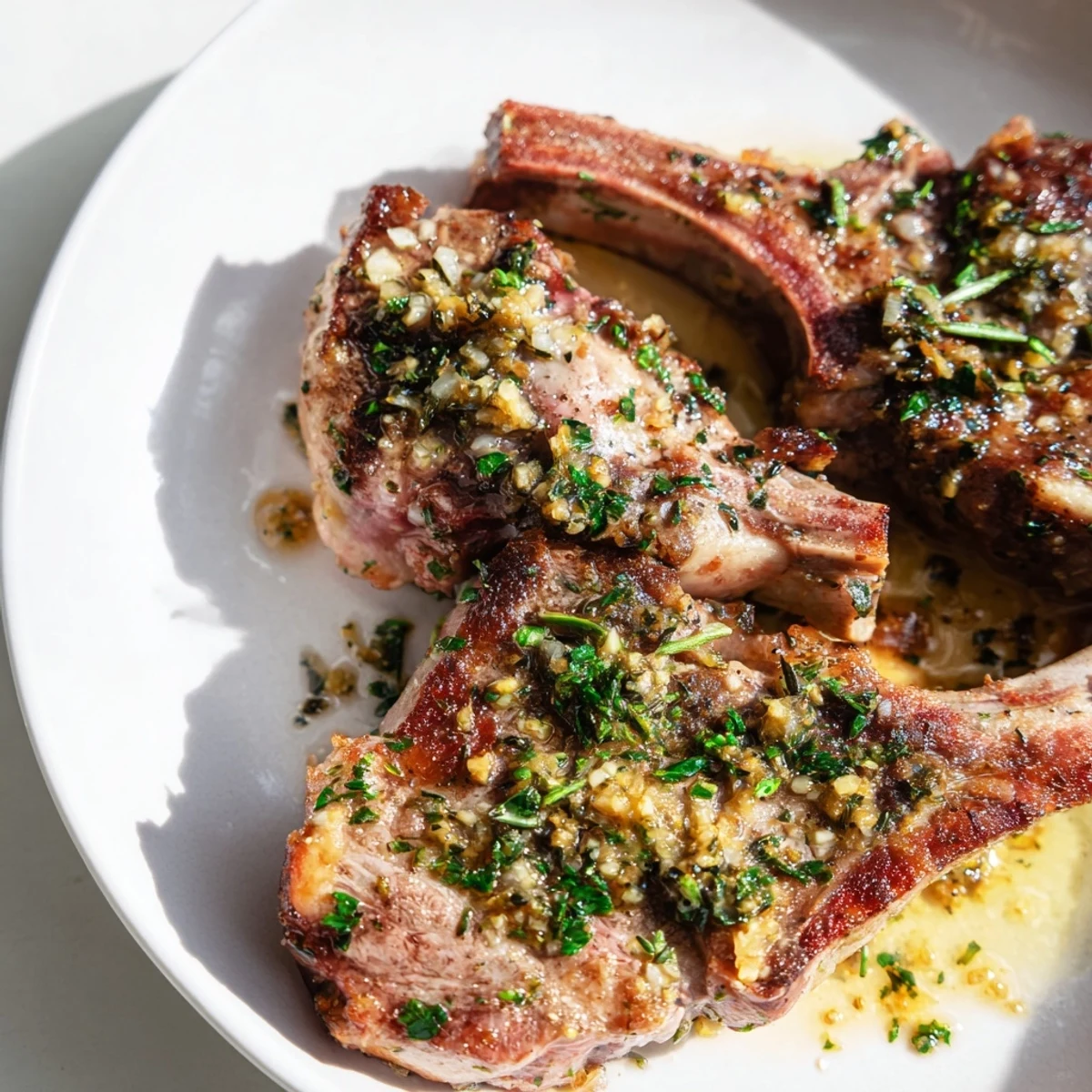 Mediterranean style air fryer lamb chops with lemon butter sauce plated with roasted vegetables. A gluten-free, low carb dinner that's quick and flavorful. The perfectly cooked lamb chops rest beside a lemon wedge and fresh herbs, ready to be enjoyed with a crisp green salad.
