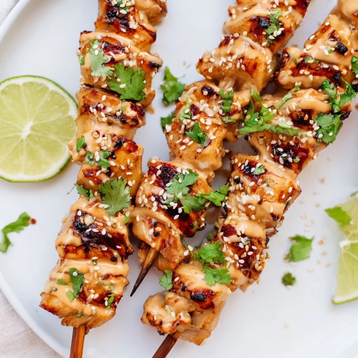 Juicy Bang Bang Chicken Skewers glazed with creamy, spicy-sweet sauce, garnished with sesame seeds.