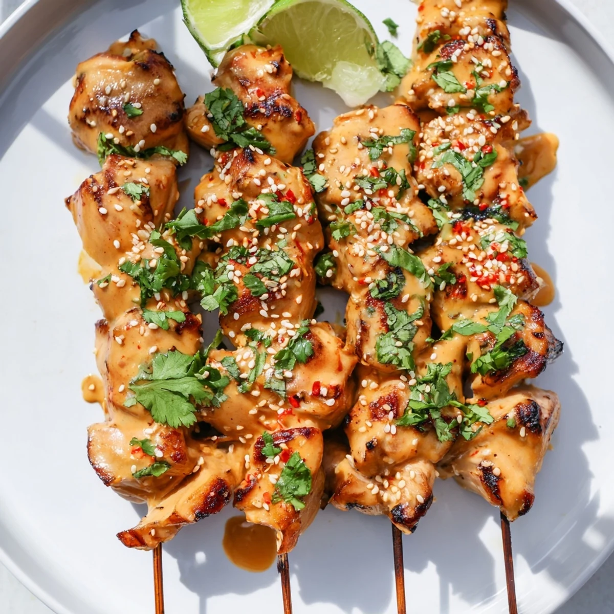 Sizzling Bang Bang Chicken Skewers served on a platter with drizzled sauce and scallions.
