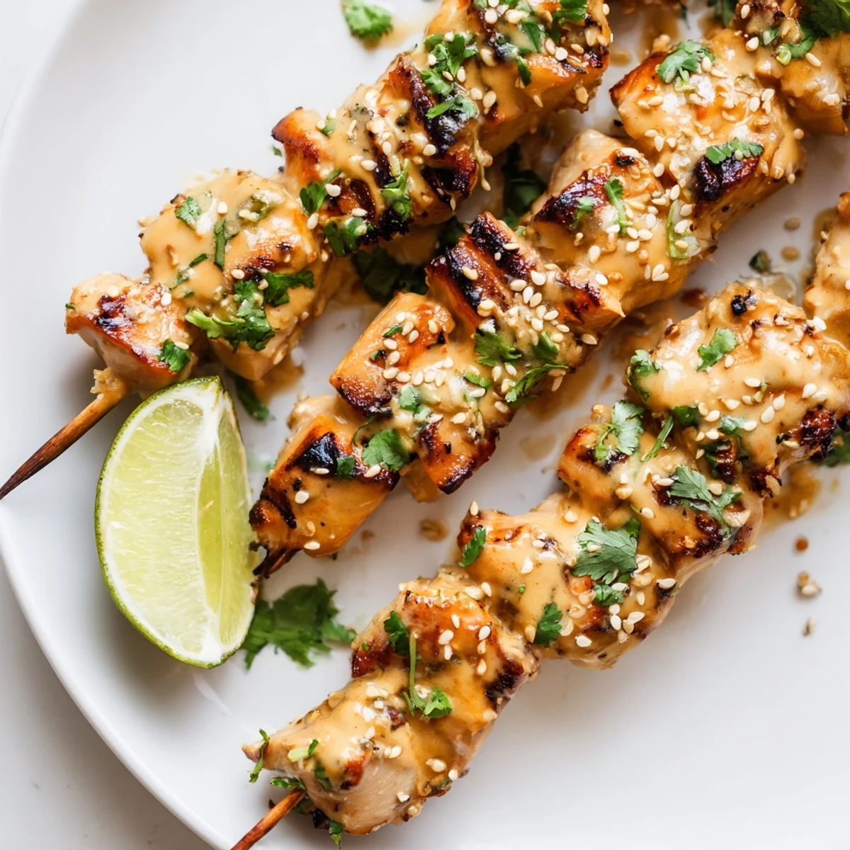 Charred Bang Bang Chicken Skewers sit on a plate beside lime wedges and cilantro.