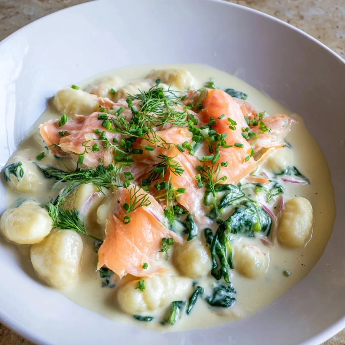 Freshly cooked whole wheat gnocchi tossed in a creamy lemon-dill sauce with silky smoked salmon and vibrant baby spinach.