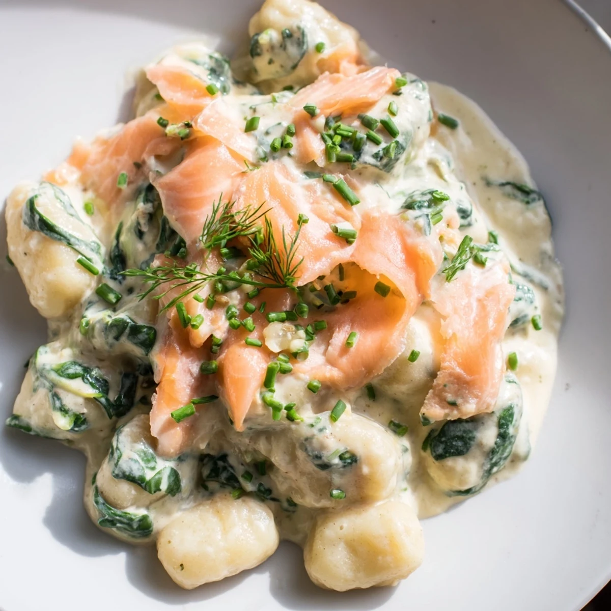 Healthy Smoked Salmon Gnocchi served warm on a plate, garnished with fresh chives and extra lemon wedges for brightness.