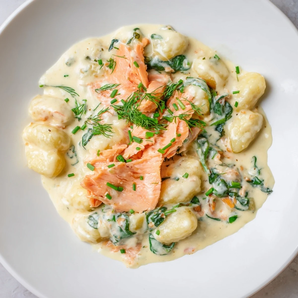 A close-up of pillowy Healthy Smoked Salmon Gnocchi mixed with greens and herbs, highlighting the light, pescatarian-friendly main dish.