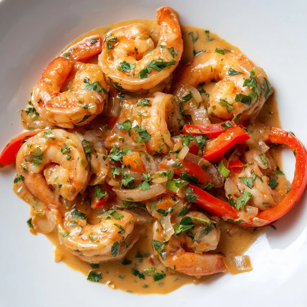 Juicy Garlic Shrimp in Coconut Milk simmering in a creamy sauce with garlic and onions, garnished with cilantro.