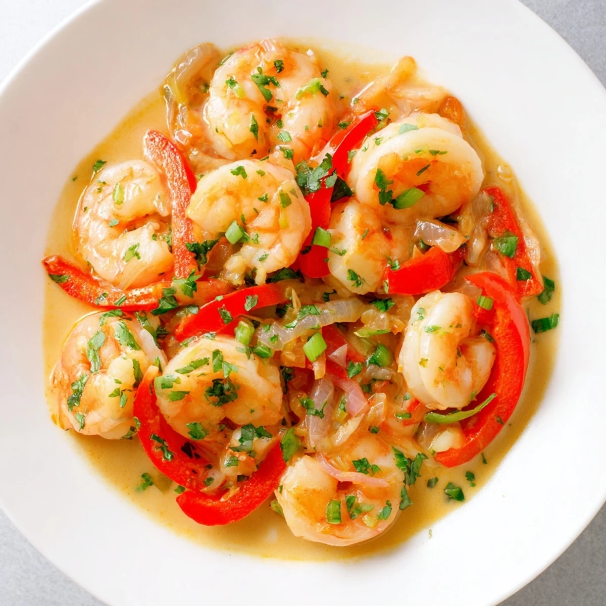 Garlic Shrimp in Coconut Milk served in a white bowl with sliced red peppers, fresh herbs, and a lime wedge.