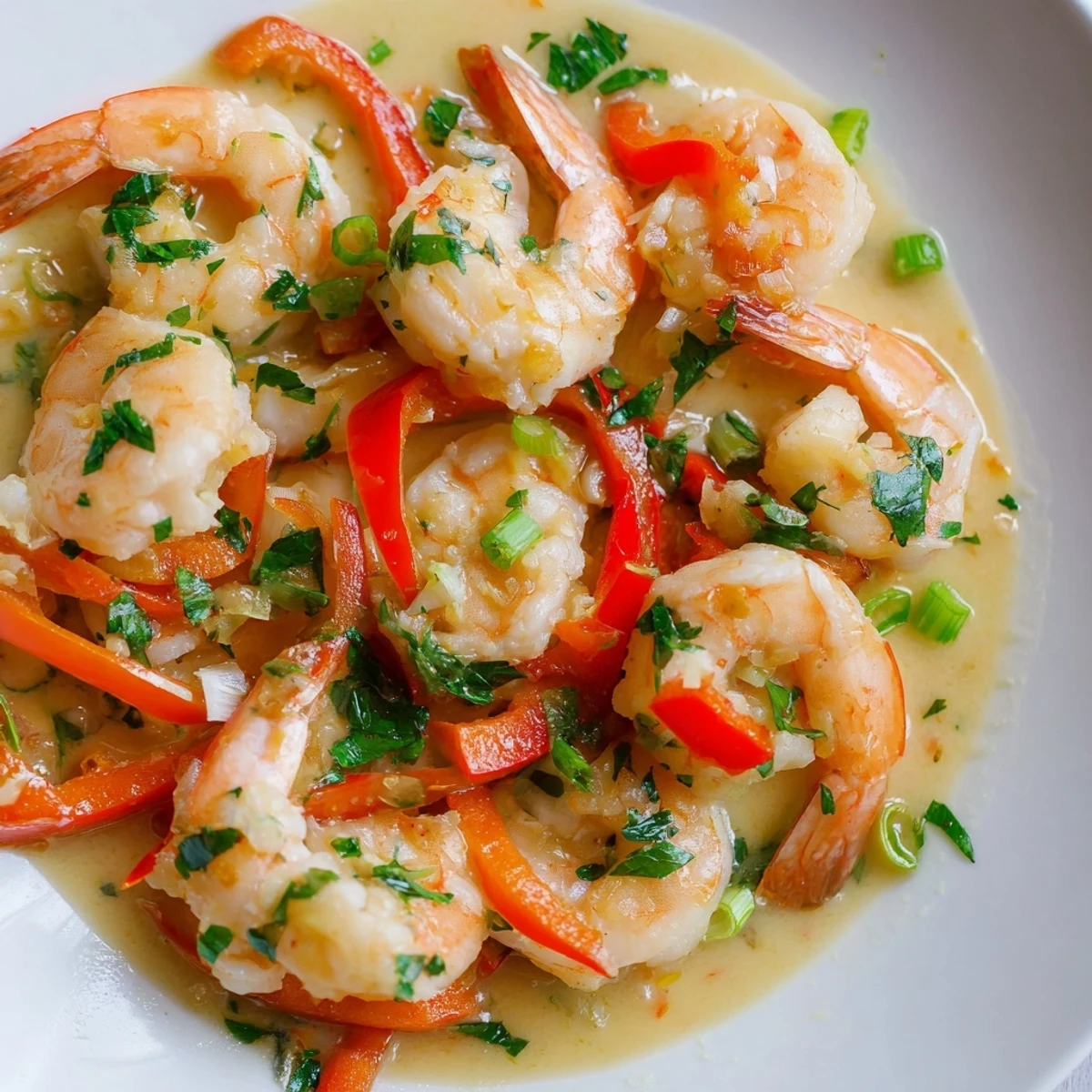 A close-up of Garlic Shrimp in Coconut Milk, highlighting tender shrimp in rich sauce, topped with chopped green onions.
