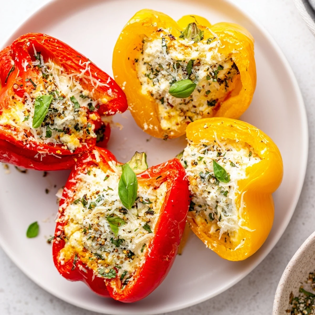 Golden-baked Ricotta Stuffed Peppers filled with creamy cheese and herbs on a rustic wooden table.