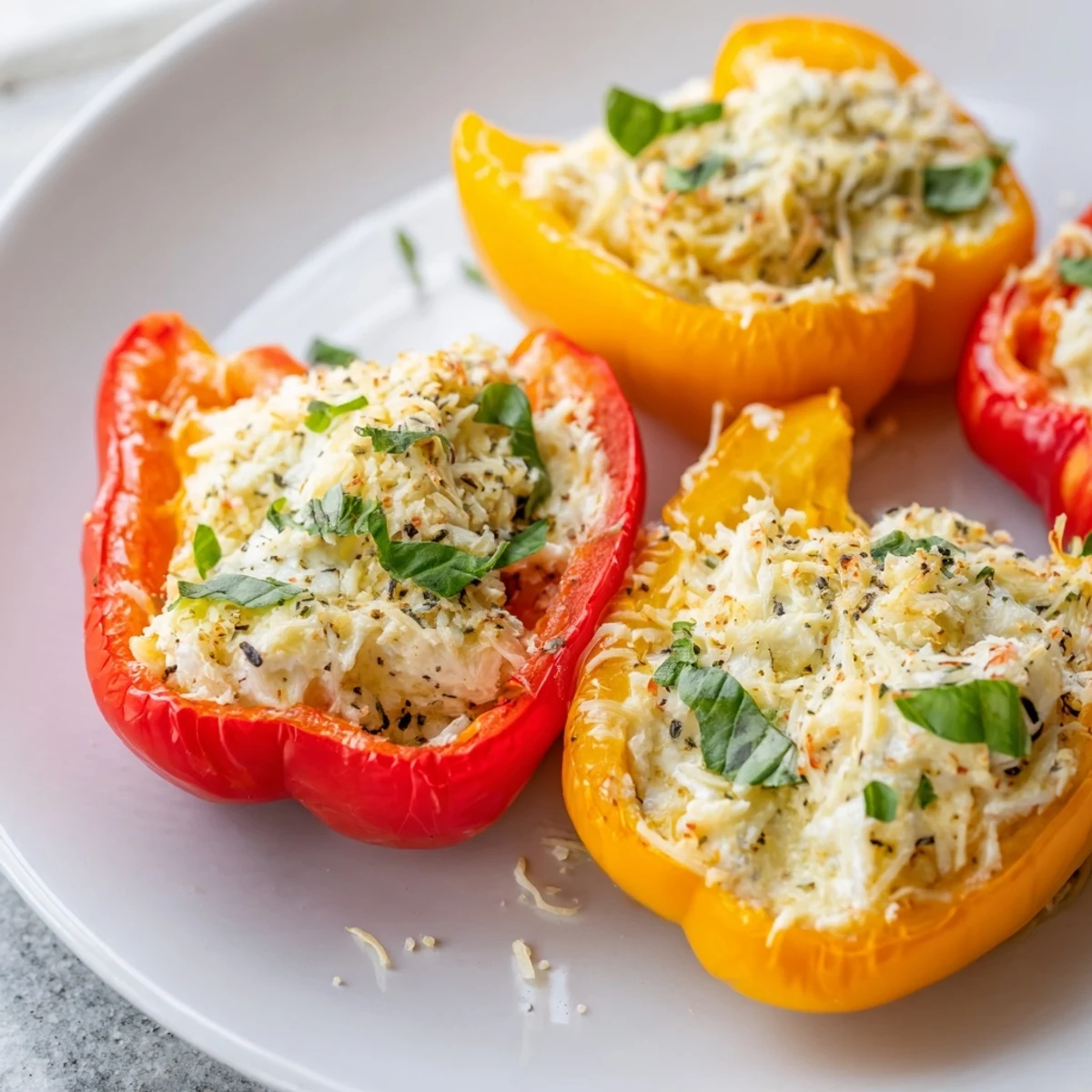 Vibrant platter of Ricotta Stuffed Peppers with a side salad, perfect for a vegetarian dinner.