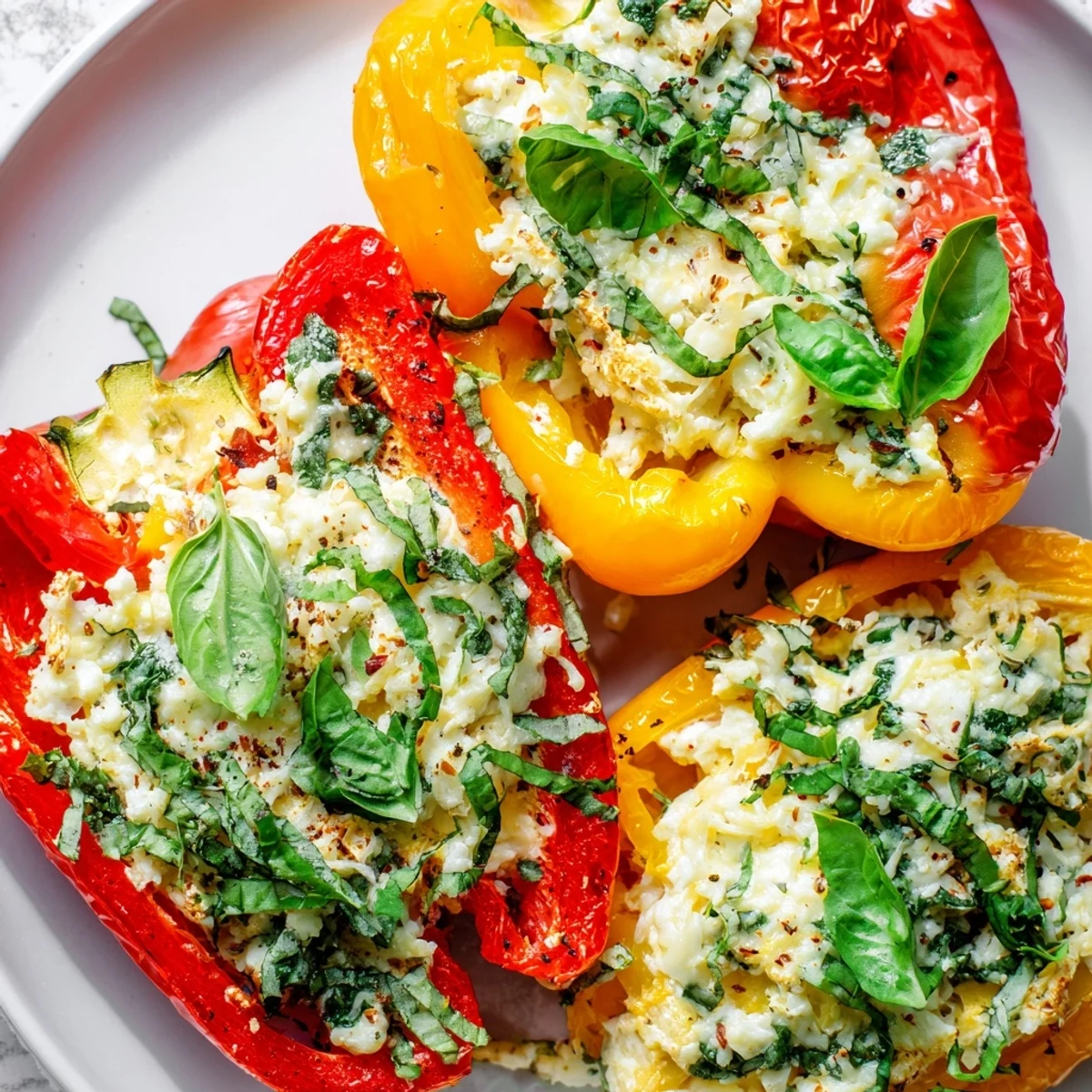 Close-up of Ricotta Stuffed Peppers with melted mozzarella and fresh basil garnish ready to serve.