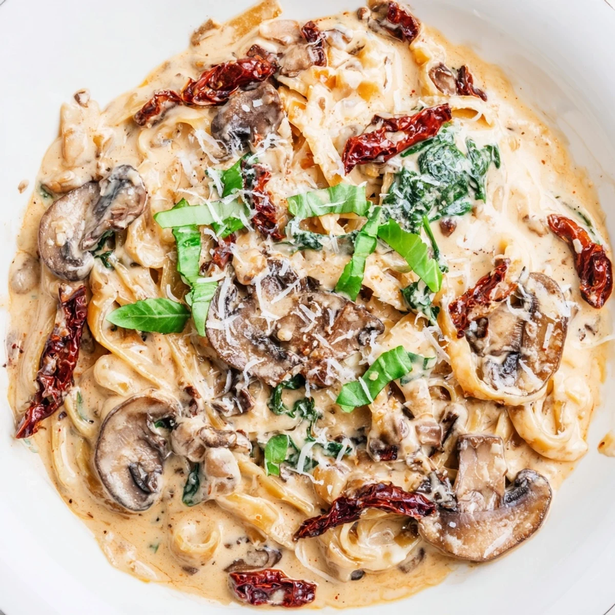 A close-up view of Creamy Tuscan Mushroom Pasta Skillet, featuring wilted spinach and golden mushrooms tossed with penne.