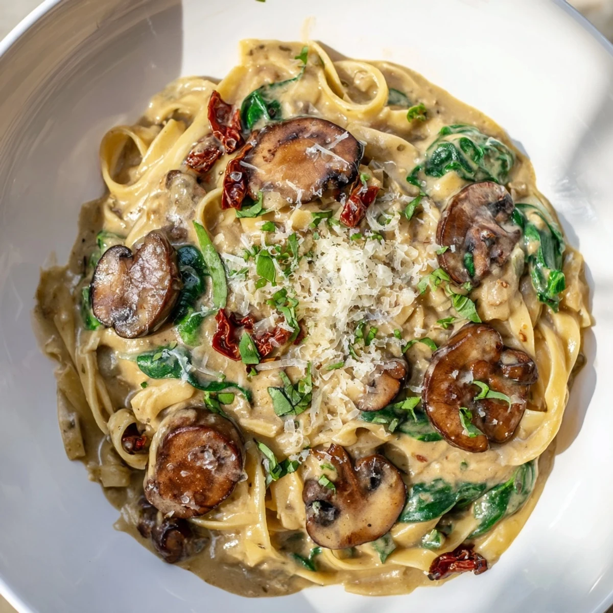 Serve Creamy Tuscan Mushroom Pasta Skillet with fresh basil and crusty bread for a comforting vegetarian dinner.