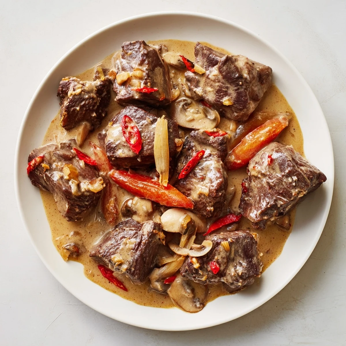 Tender beef braised in lemongrass coconut sauce with mushrooms, served with jasmine rice.