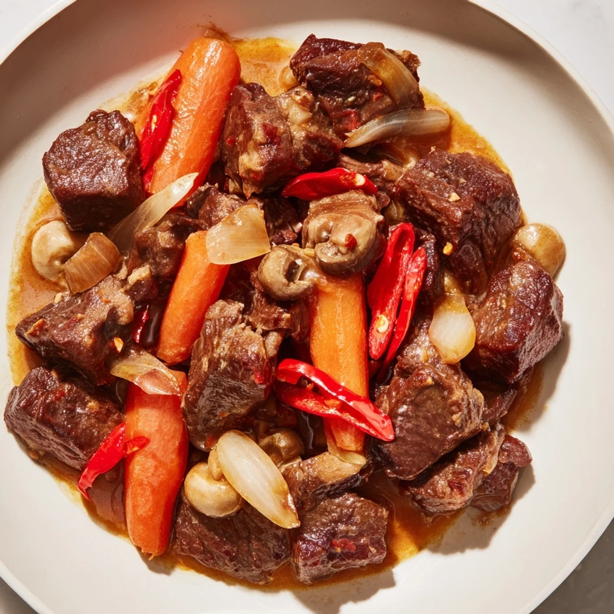 Steaming Lemongrass Coconut Braised Beef with Mushrooms beside lime wedges and scallions.