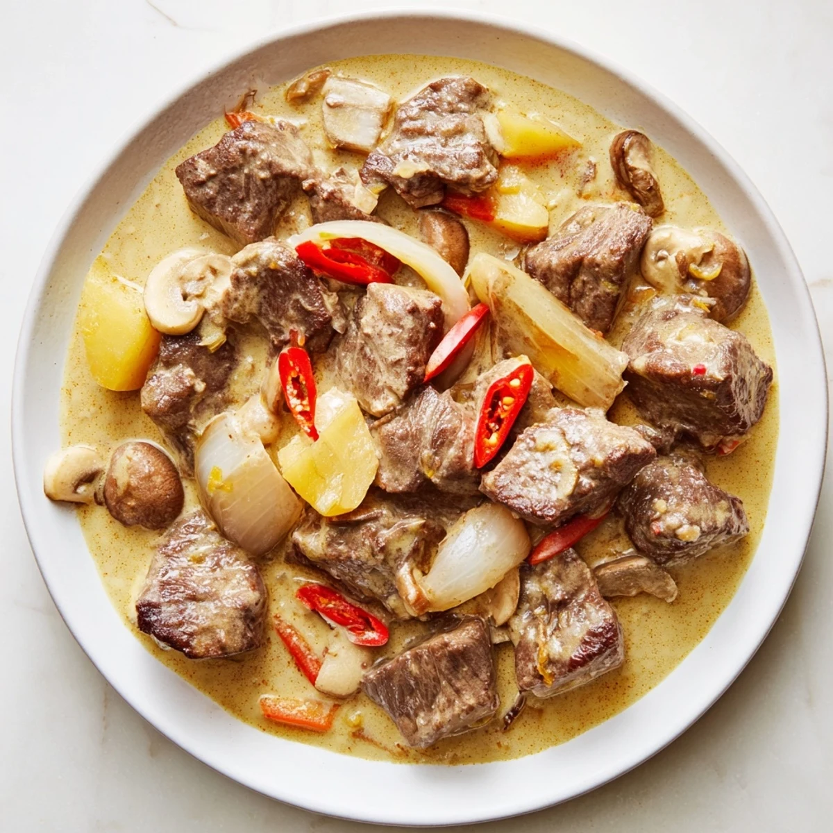 Aromatic bowl of Lemongrass Coconut Braised Beef with Mushrooms, garnished with cilantro.