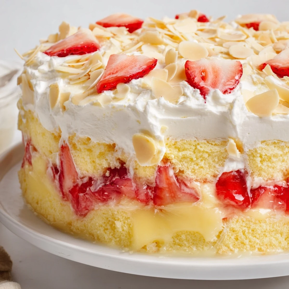 A beautiful slice of Heaven on Earth Cake, featuring layers of light angel food cake, creamy vanilla pudding, and strawberry filling on a dessert plate.  